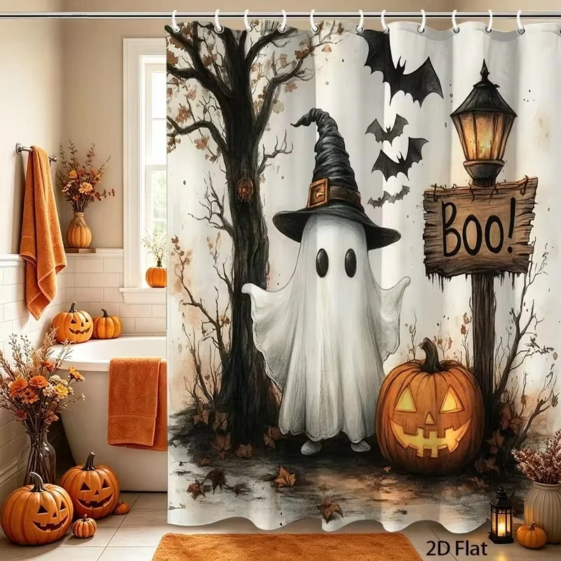 1pc Halloween Shower Curtain Ghost Pumpkin Print, Quick-dry Durable Waterproof Bath Curtain with 12 Hooks for Halloween Decor