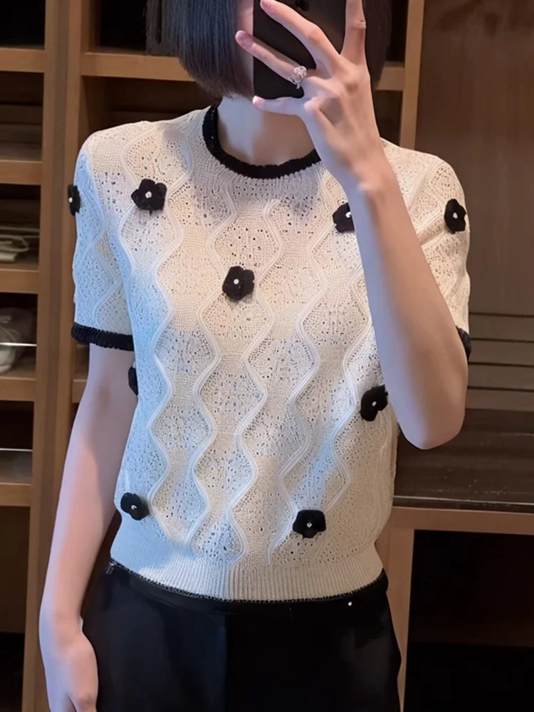 

Модный вязаный топ из ледяного шелка с 3D цветочным дизайном ort Sve Commute Универсальная женская летняя одежда в Корейском стиле Sle Lo...