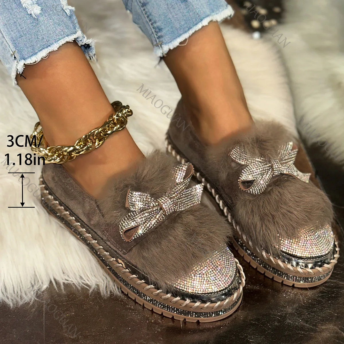 Crystal Bow Furry Warm Loafers Winter Woman Flat 3cm Low Heel Anti-Slip Shoes Plush Ladies Footwear Big Size лоферы женские