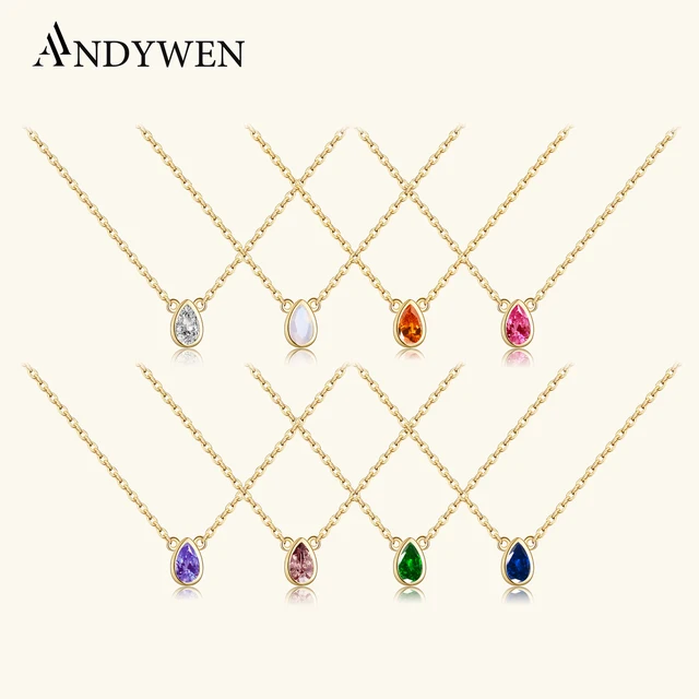 ANDYWEN 925 Sterling Silver 7 Colors Rainbow Colorful Ovals Zircon Charms Pendant Necklace 2021 Women Luxury Jewelry Choker