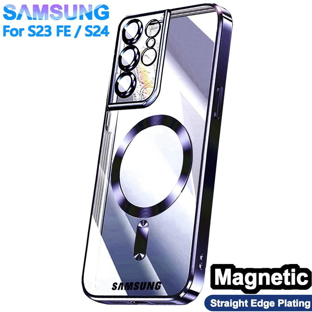 Original Plating Wireless Magnet Cover For Magsafe Case Samsung Galaxy S21 S23 Fe S22 Plus S24 Ultra 4K Glass Camera Protection