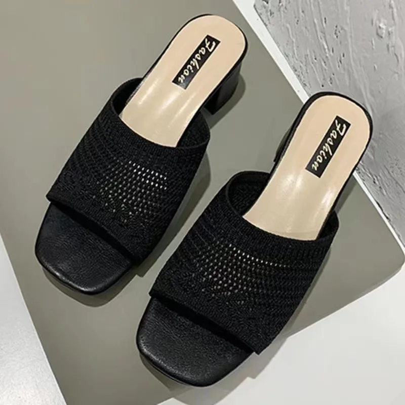 Women Slippers 2022 Summer Closed Toe Comfort Slippers Women Outdoor Fashion Fly Weave Sandals Women Medium Heel Slippers