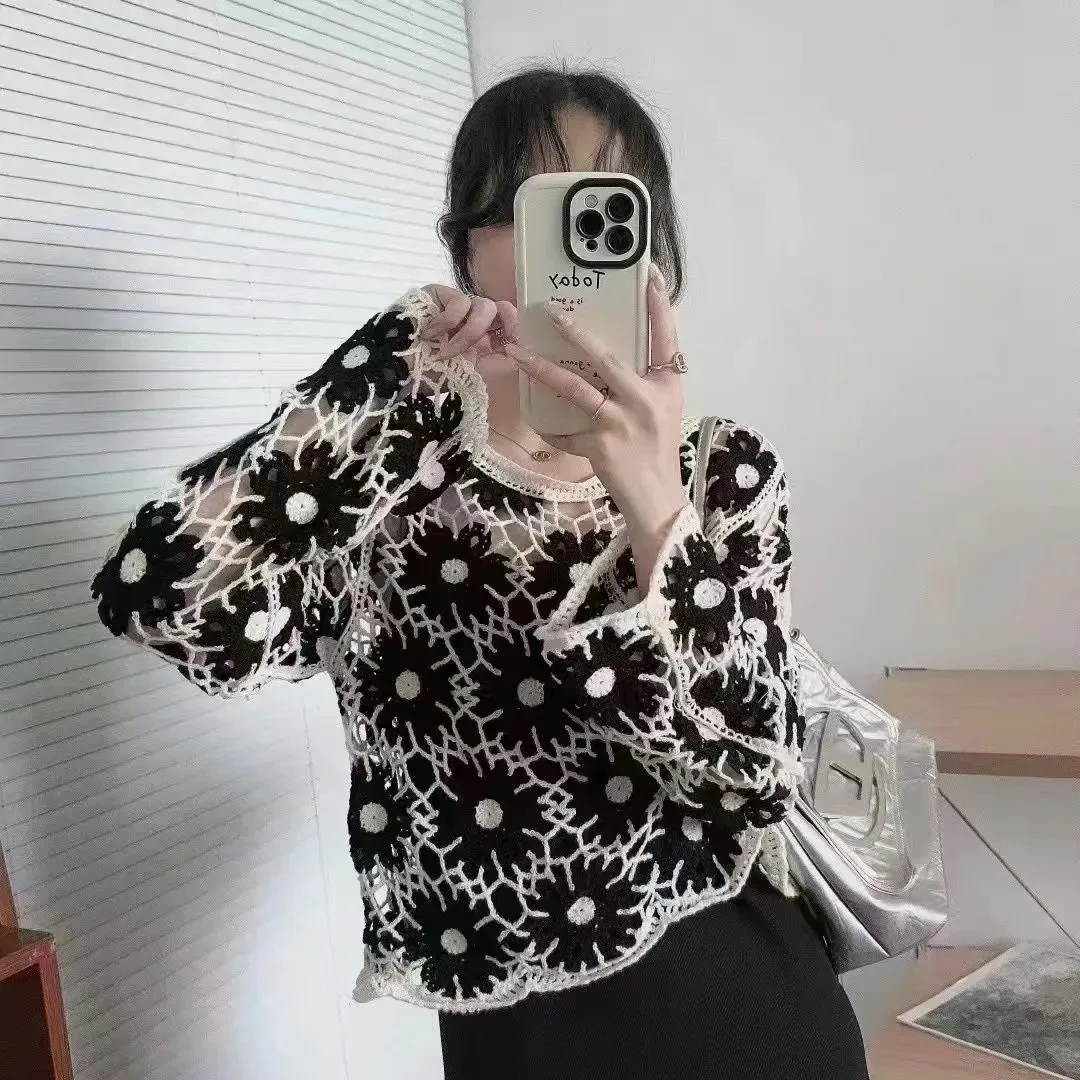 

Пляжный укороченный свитер в стиле бохо, женский вязаный пуловер с длинными рукавами и ромашками, прозрачный свитер на шнуровке спереди, винтажный корейский оверсайз, накидка на осень