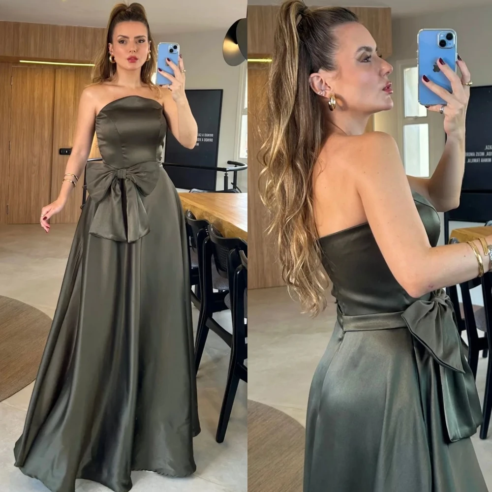 Customized Fashion Jersey Bow Ruched A-line Strapless Long Dresses Cocktail Dresses Elegant Exquisite High Quality Sexy Sparkle 