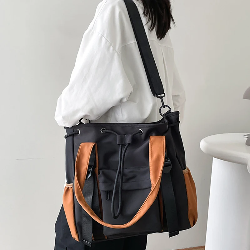 2024New Fashion Shoulder Bag Nylon Women Crossbody Bag Big Capacity Multi-Pocket Drawstring Tote Bag Casual Student Book Handbag