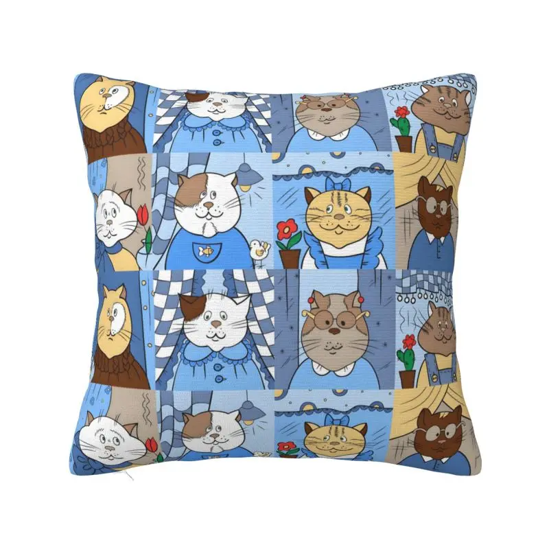 Custom Modern Funny Cats Pets Pattern Blue Cushion Cover Polyester Throw Pillow Case