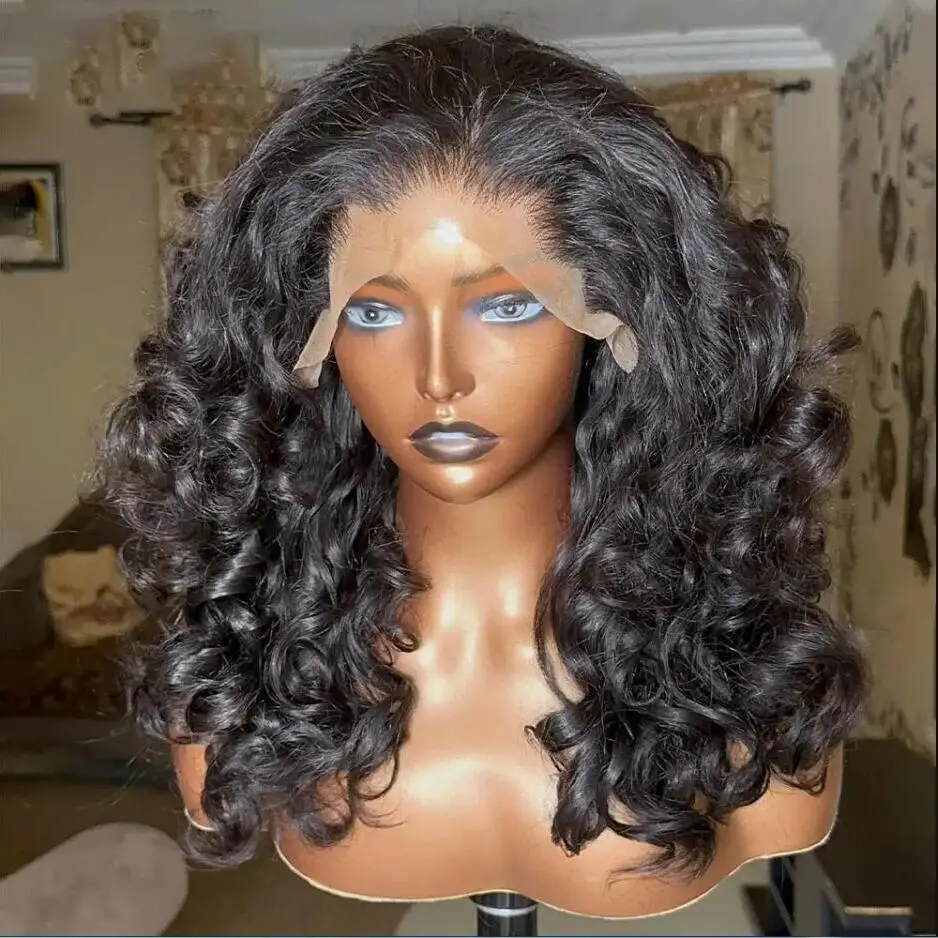 Perruque Lace Front Wig bouclée noire naturelle pour femme, cheveux de bébé, densité 180, longue, douce, préplumée, sans colle, degré de chaleur, 24 pouces, 03