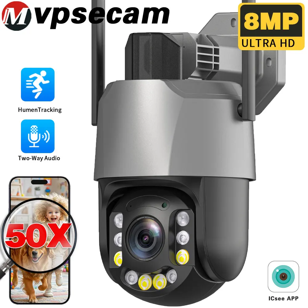 

50-кратный зум (20-кратный оптический зум) 8-мегапиксельная 4K PTZ IP-камера Уличная камера безопасности Wi-Fi с полноцветным ночным видением, обнаружением человека