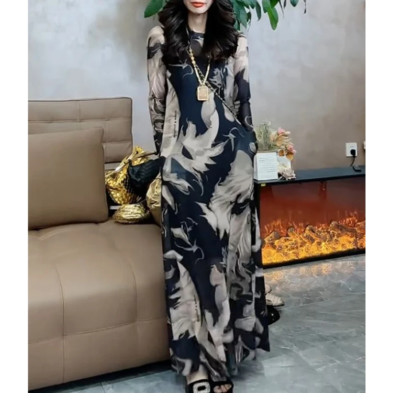 Summer New Round Neck Fashion Long Sleeve Maxi Dress Women High Street Casual Printing Dresses Elegant Sheer Ventilate Vestidos