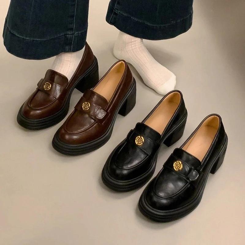 

All Seasons British Loafers Women’s Deep Mouth High Heels Metal Flower Buckle Platform Chunky Heels Thick-soled Leather Shoes