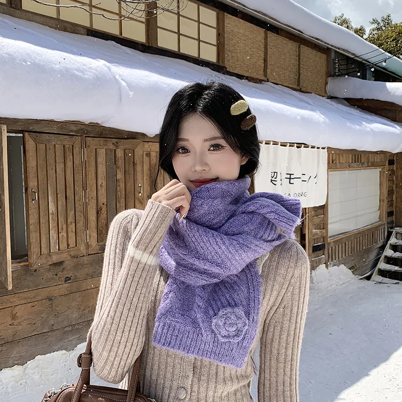 knitted rose scarf for women sweet gift solid color winter scarf