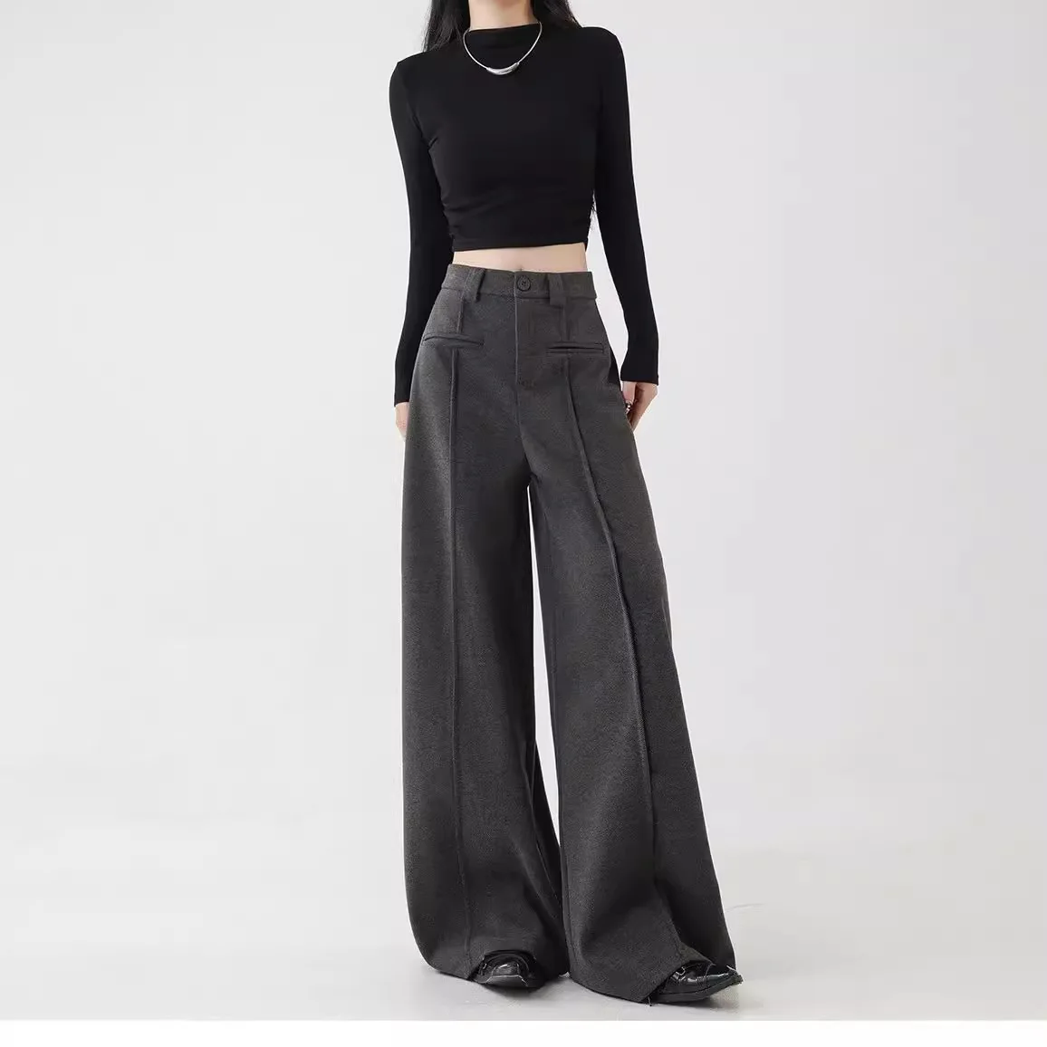 

Women High Waist Wide Leg Pants 2025 Autumn Winter Fleece Lined Suit Pants High Waisted Slimming Wool Floor Casual Trousers