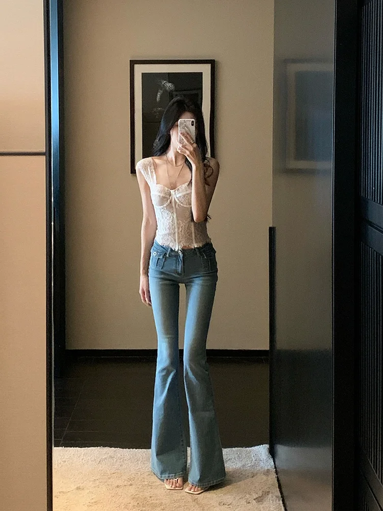 

Джинсы Blue Bell Bot женские, ретро, с эффектом потертости, со средней/низкой талией, с декоративными карманами, длинные брюки, повседневная одежда, смесь хлопка и полиэстера