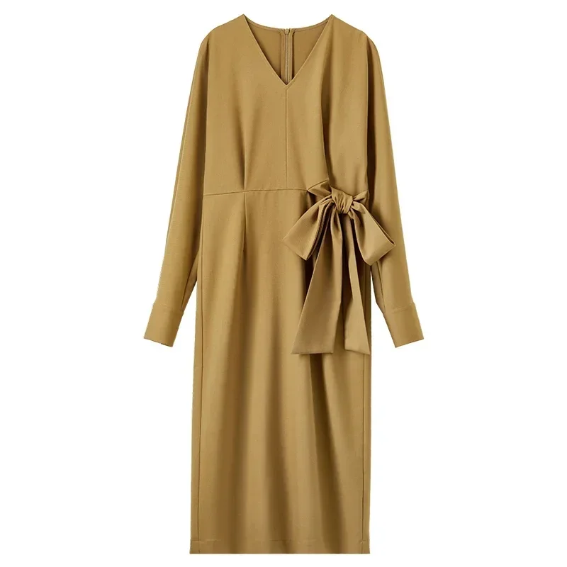 SENTUBILA Autunno Primavera Abiti eleganti Donna 2025 Dritto Semplice Scollo a V Legato Vita Split Abito longuette Abbigliamento donna 143L57349