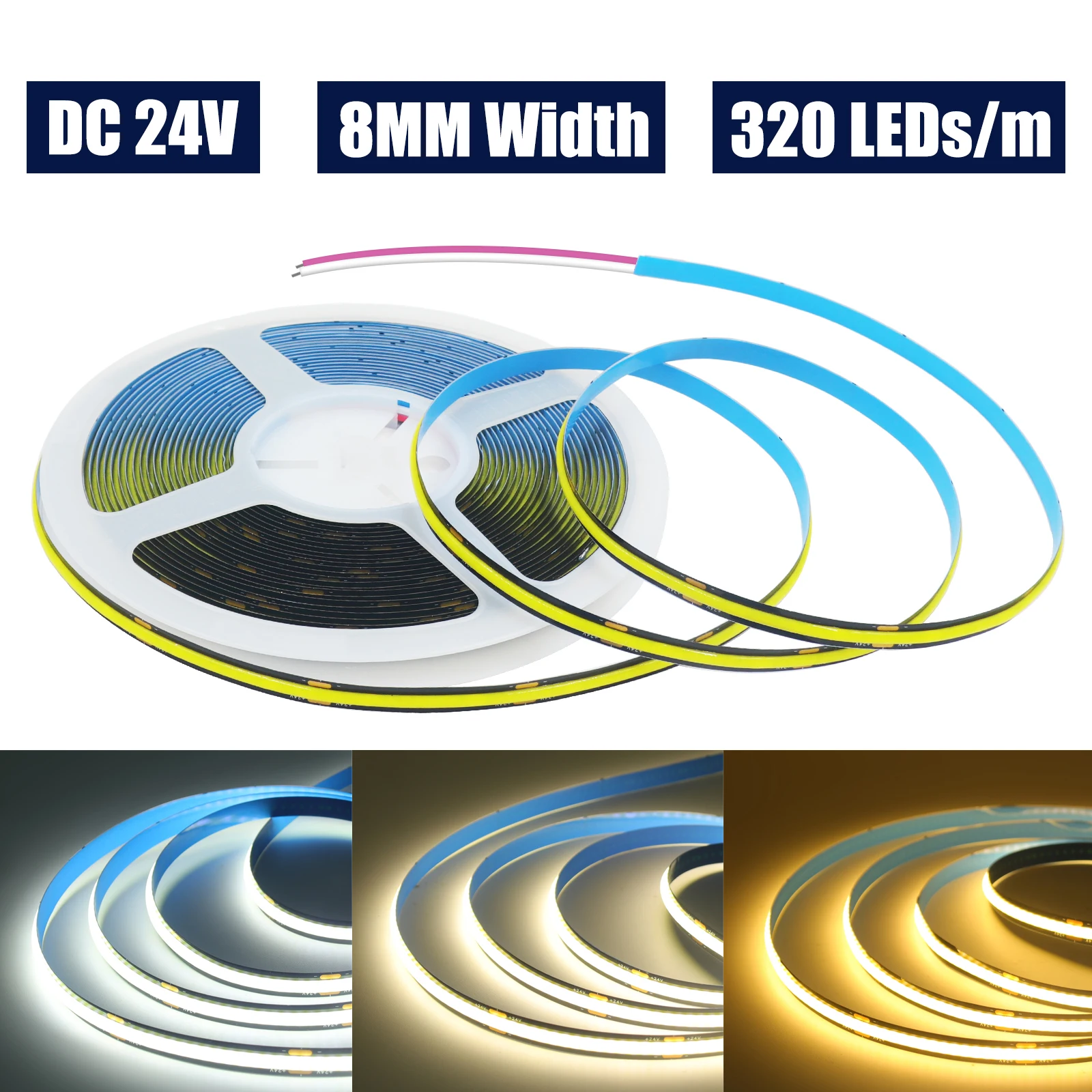 DC24V COB LED Strip Light 320LEDs/m 8mm Black PCB High Bright Flexible Tape Ribbon RA90 Warm/Natural/White Led Lights Room Decor
