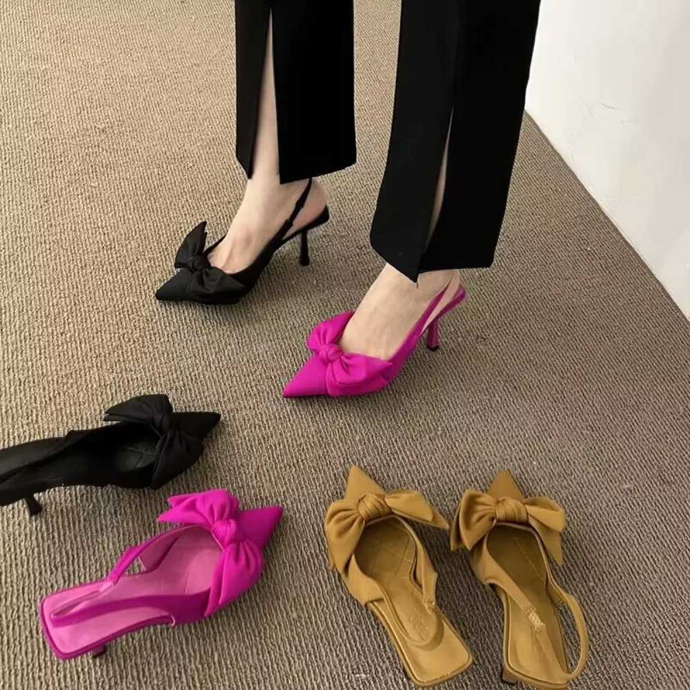 Women Shoes   Summer New Butterfly Knot Women Slingbacks Heels Shoes Sexy Dress Thin Heel Pointed Toe Ladies High Heels Women