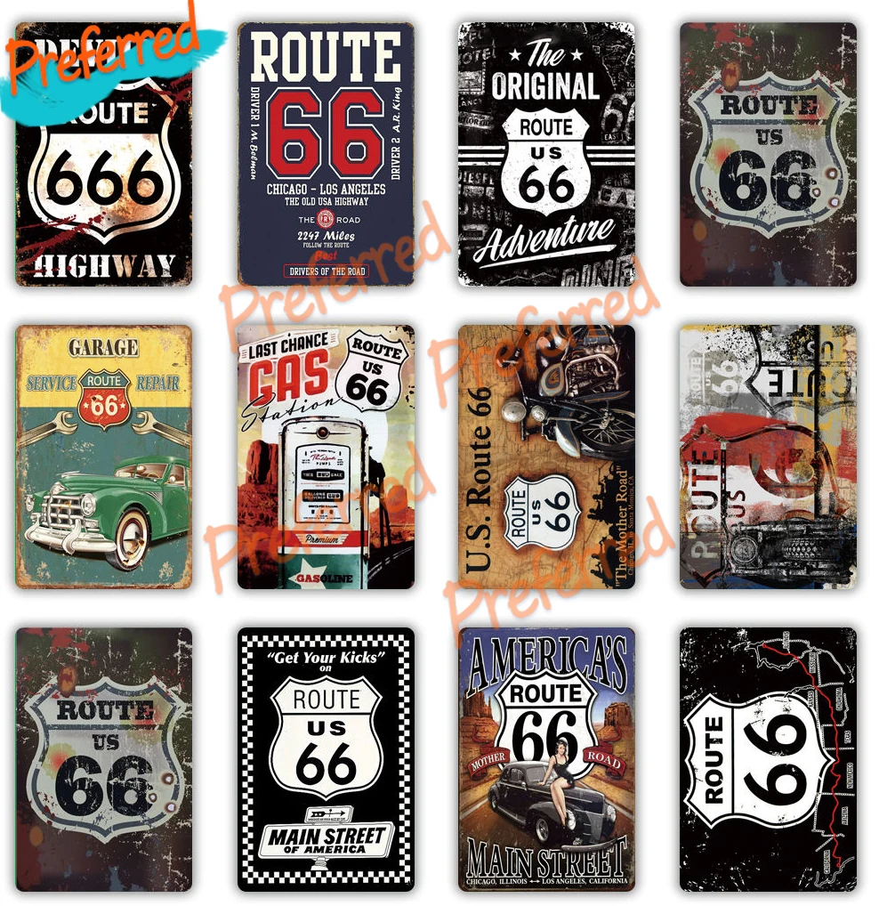 

Vintage Car Decorations Route 66 Retro Car Stickers Metal Signs Retro Poster Stickers Vinyl Auto Parts Window Car Decals PVC