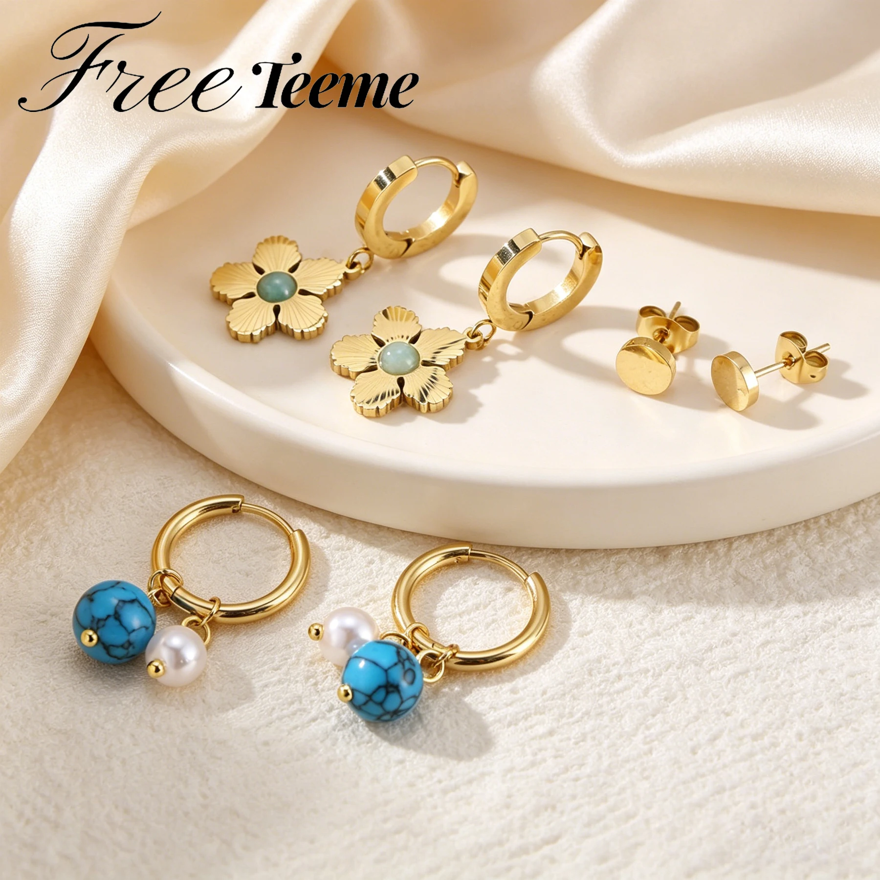 Freeteeme Trendy 3 Pairs Earrings Set for Women Mom Gold Plated Stainless Steel DIY Flower Stone Dangle Earring Jewelry Set Gift