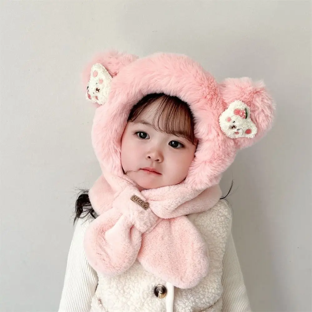 Cartoon Bear Ear Winter Baby Hat Scarf Windproof Plush Kids Hooded Scarf Neck Protection Thick Warm One-Piece Beanies Cap