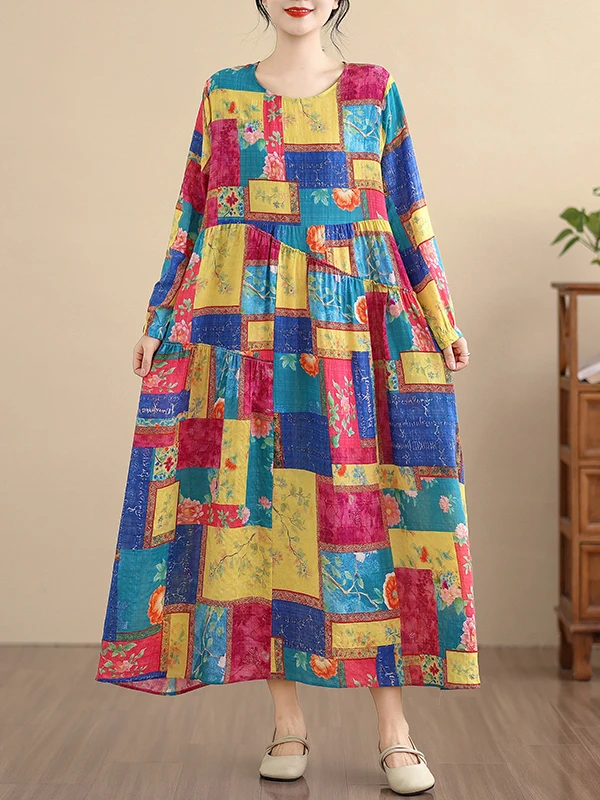 Retro artístico estampado largo Sve Linen Dr mujeres primavera otoño suelto dobladillo ancho encaje ribete largo Dr A-Line silueta