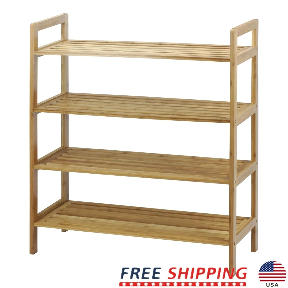 

4-Tier Bamboo Shoe Rack Natural Holds 16 Pairs Indoor Storage Easy Assembly Stackable Design with Air Flow Handles