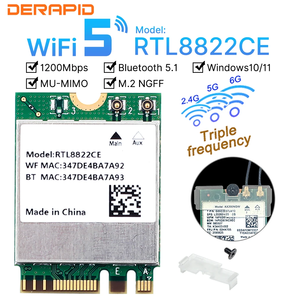 Dual Band 2.4/5GHz 1200Mbps WiFi Adapter RTL8822CE Chipset Bluetooth 5.1 802.11AC Network Adapter for PC/Laptop Windows10/11