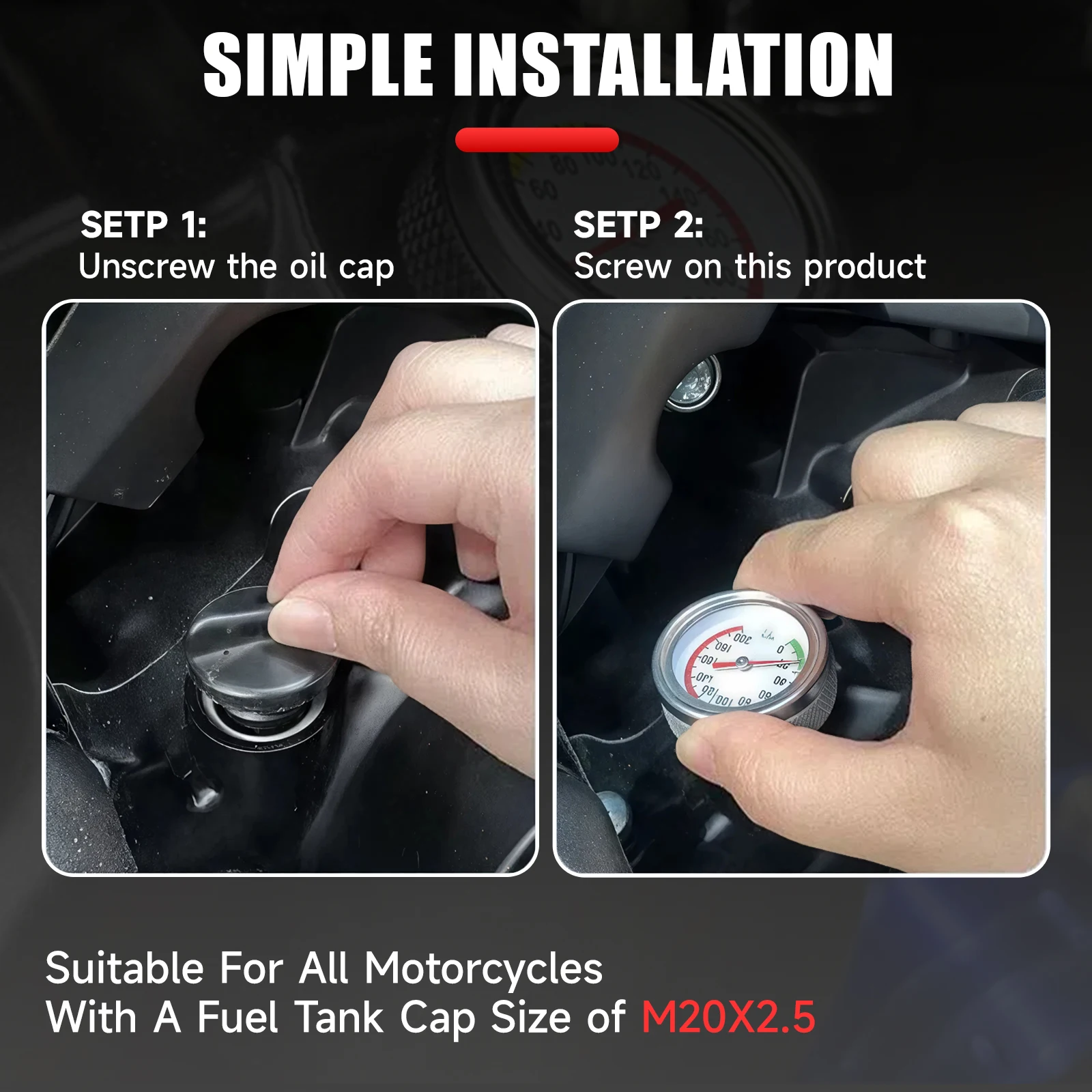 CNSPEED M20x2.5 Motorcycle Fuel Tank Cap Cover 0-200 Celsius Oil Temperature Gauge Pointers Thermometer Dial Meter Black Silver view 6