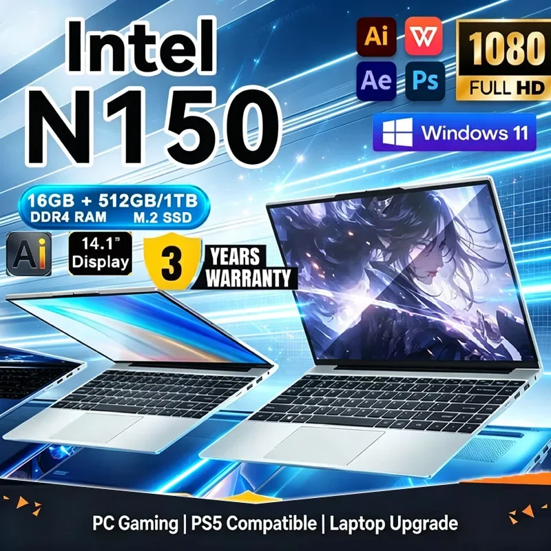 New 14.1" Portable LaptopIntel Core N150 32GB RAM 2TB SSD Windows 11 5000mAh Fingerprint Office Gaming Notebook PC