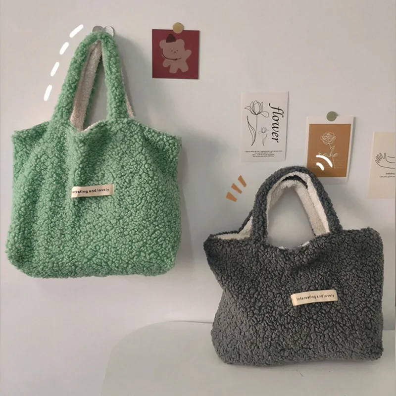 Faux Lamb Wool Women\'s Handbags Soft Plush Ladies Large Casual Tote Bag Winter Fashion Female Furry Shoulder Shopping Bags