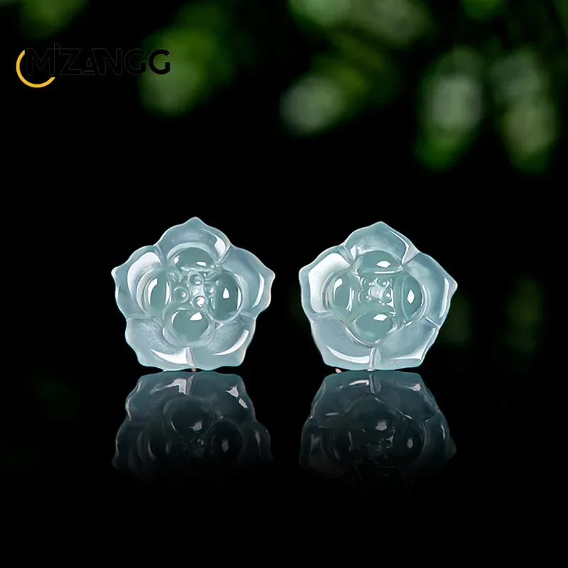 

Оригинальные серьги из натурального жадеита с голубым водным лотосом, серебро 925 пробы, инкрустированные лепестками ледяного нефрита, изысканные модные женские ювелирные изделия, подарок