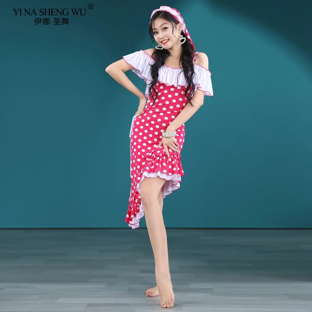 Nieuwe stijl buikdans vrouwelijke elegante top oefenkleding pak zomer beroep dansen polka dot afdrukken prestatiekleding