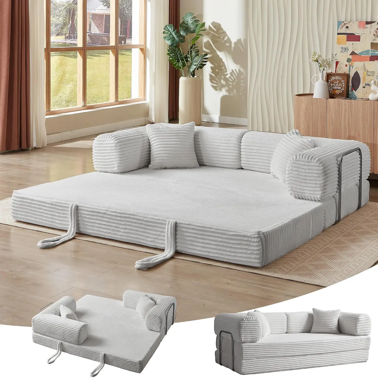 Convertible Folding Sofa Bed with Fixed Frame, Corduroy Mattress for Living Room Bedroom, Light Gray 81 Inch, Customized