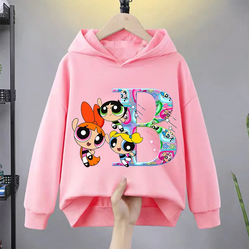 The Powerpuffs Girls Hoodie Children Cartoon Letter A-Z Clothing Fleece Hoody Thick Anime Clothes Kids Sweatshirt Birthday Gift view 3