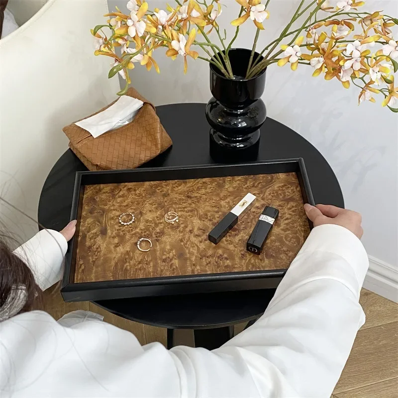 Rustic Volcanic Pattern Wooden Tray, Retro Style Catchall with Handle for Bedroom Entryway, Natural Wood Jewelry Organizer Use