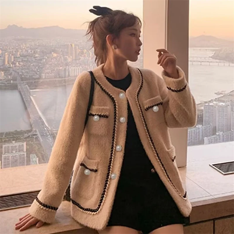 Korean Ladies Loose Woolen Jacket Autumn Female Lmitation Mink Fur Tops Coat 2024 Women Long Sleeves Wool Blend Outwear