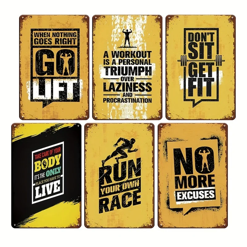 [JIT]6pcs, Fitness Motivation Metal Signs, 6pcs, Inspirational Workout Quotes Wall Art, Vintage Gym Room Decor, Rustic Wall Cut-