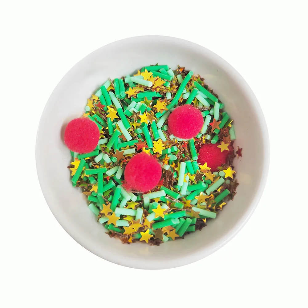 Star Sequins Red Pompoms With Green Long Cut Slices Mixture Clay Slices Sprinkles for Slime Decoration Crafts