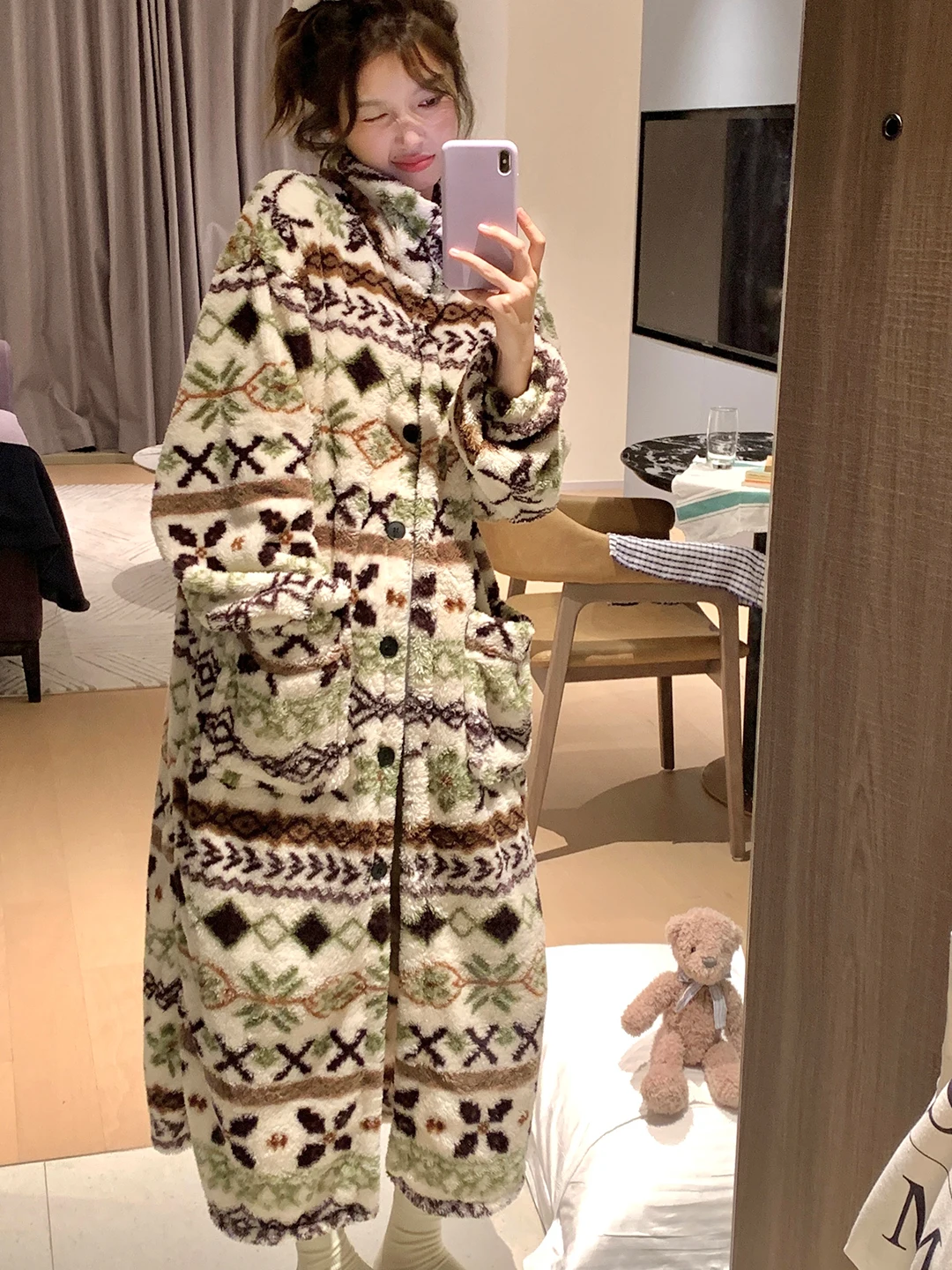 Thickened High Collar Coral Fleece Robe Long Korean Style Sleepwear Women's Home Clothes Outerwear in Autumn Winter