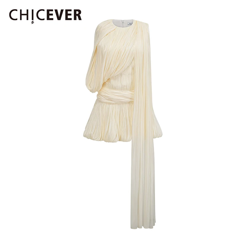 

CHICEVER Elegant Patchwork Lace Up Mini Dress for Women O Neck Short Sleeves High Waist Folds Puff Dresses Female Fashion Style