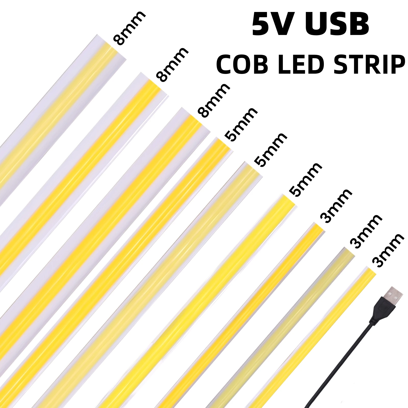 

5V USB COB Strip LED Lights 3MM 5MM 8MM Width Dimmable Flexible Rope Tape Lamp 320LEDs/M RA90 High Density 3000K 4000K 6000K