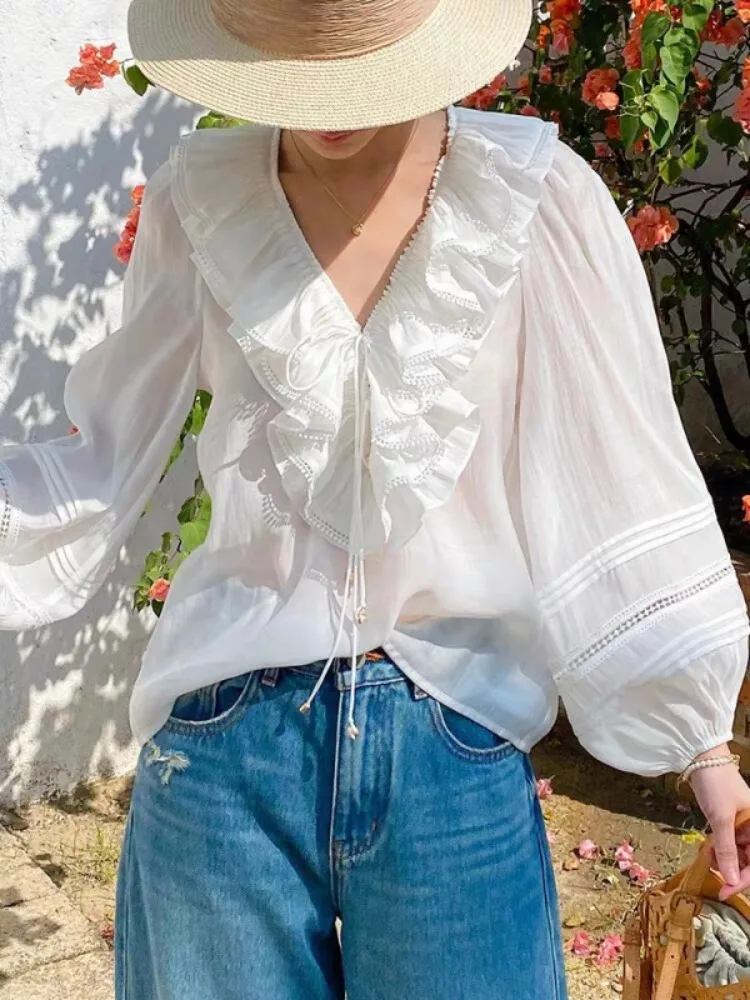 Blusa feminina manga comprida solta fita gravata com decote em v camisa top com alças detalhes para passeios casuais uso diário elegante estilo chique