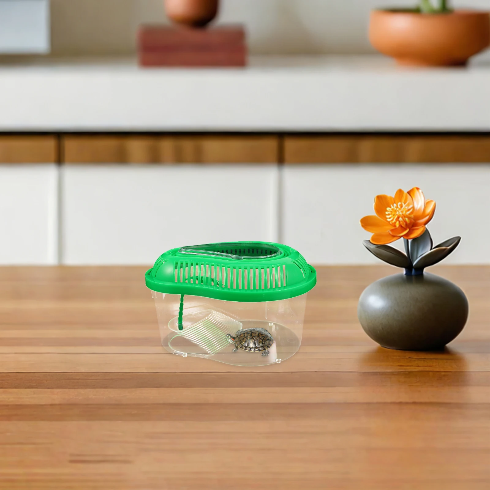

Portable Reptile Habitat Small Fish Tank Plastic Turtle Tank Handle Lid Ventilation Sunbathing Platform Durable Material Secure
