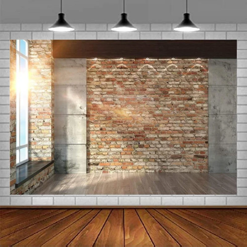 

Photography Backdrop Modern Room Interior Brick Wall Window Sunlight Wooden Floor Cement Marble Study Inside Bedroom Background