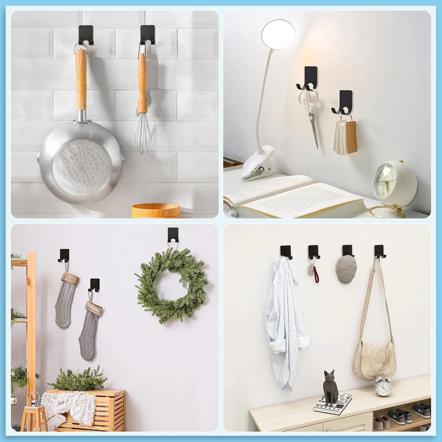 3 Pcs Razor Holder 304 Stainless Steel for Shower + Adhesive Sticky Heavy Duty Waterproof Wall Hooks, Premium for Hanging Towels, Coat, hat- Black