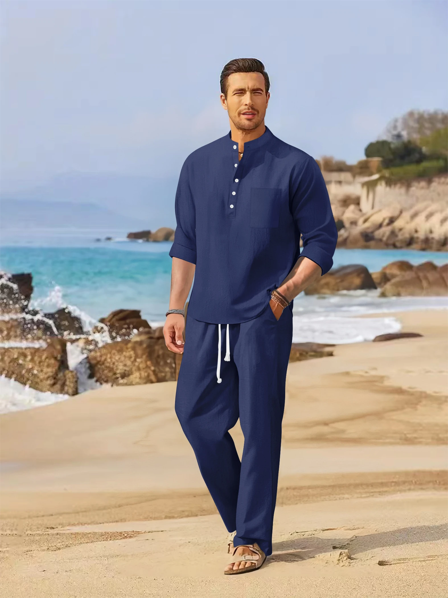 

Autumn New Men's Long Sleeved Long Pants Set, Casual Cotton Linen Long Sleeved Henry Shirt+Loose Pants , Beach Style Men's Set