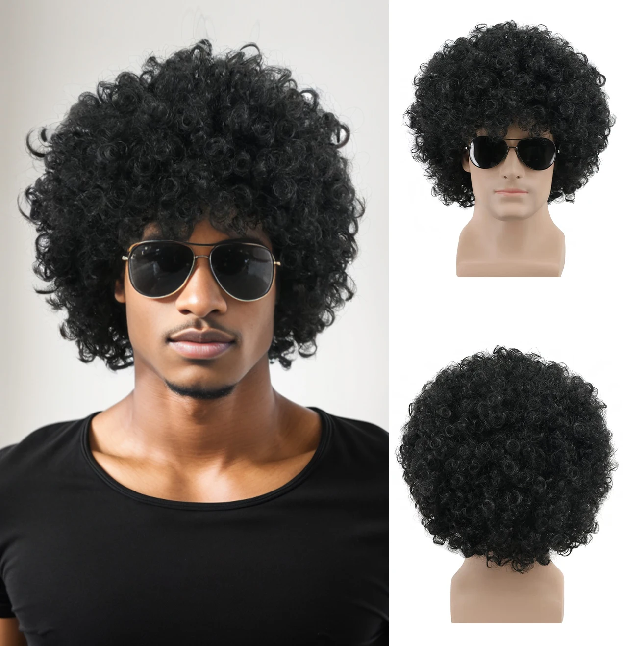 Short Black Men\'s Afro Curly Wig 70s Disco Afro Wig Synthetic Wig Anime Cosplay Halloween Costume Props