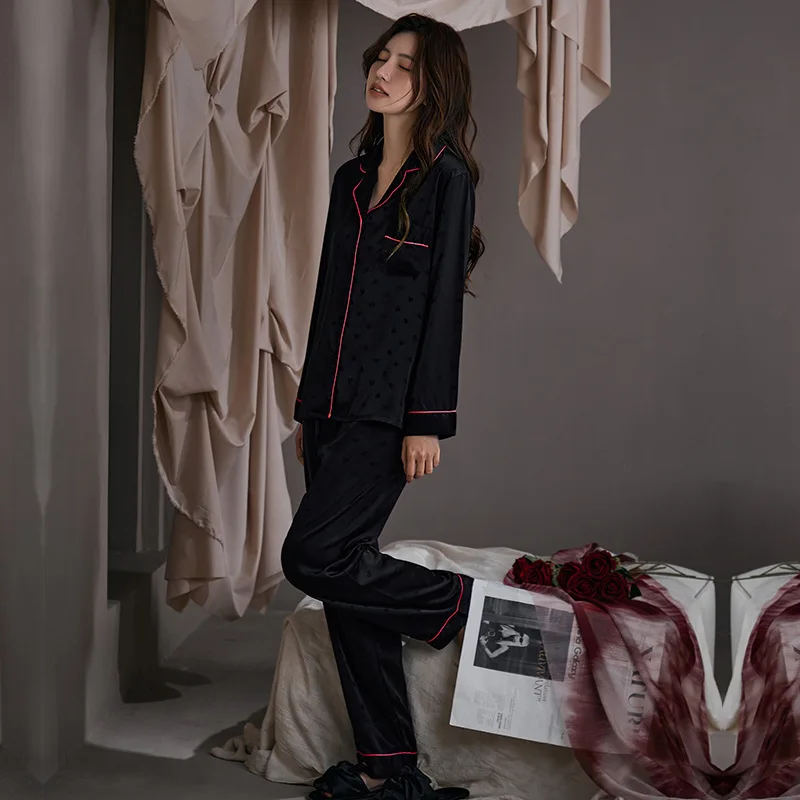 Female Pajamas Sleepwear Two Piece Set Sexy Black Rose Pink Long Sleeve Trouser Suits Lounge Wear Loose Satin Homewear Pyjama