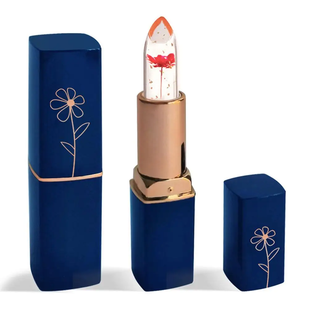 Balsamo per le labbra tubo blu scuro trasparente rossetto fiore essiccato gelatina d'oro cura delle foglie delle labbra colore idratante che cambia S4s8