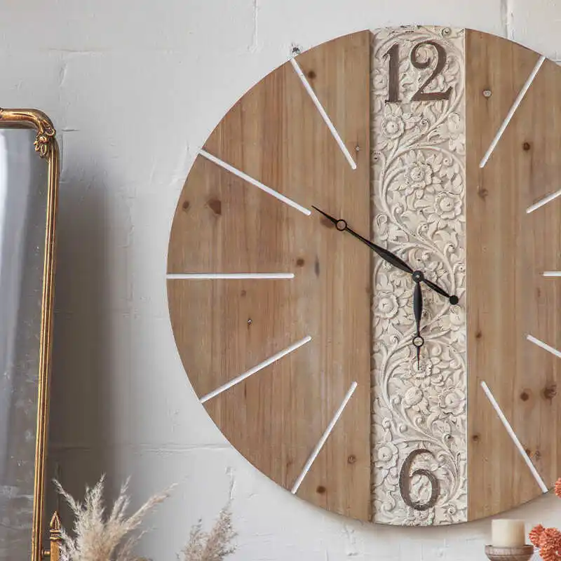 industrial style wall-mounted decorative clock B & B living room bedroom clock wood grain engraved round wall clock