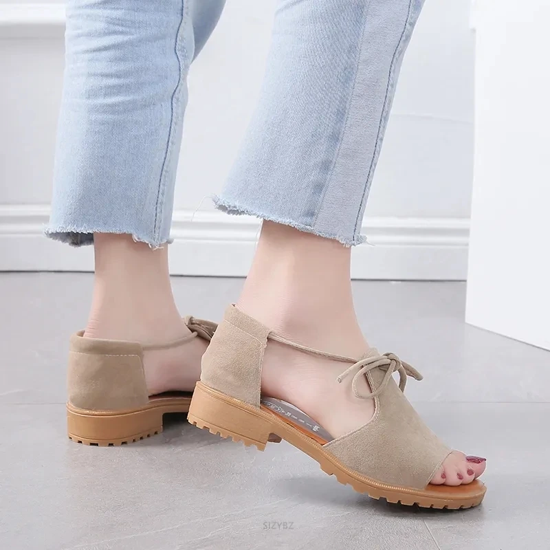 Peep Toe Square heel sandals women 2019 new summer shoes women Roman Simple Student flat Suede Riband Open toe Block Heel shoes